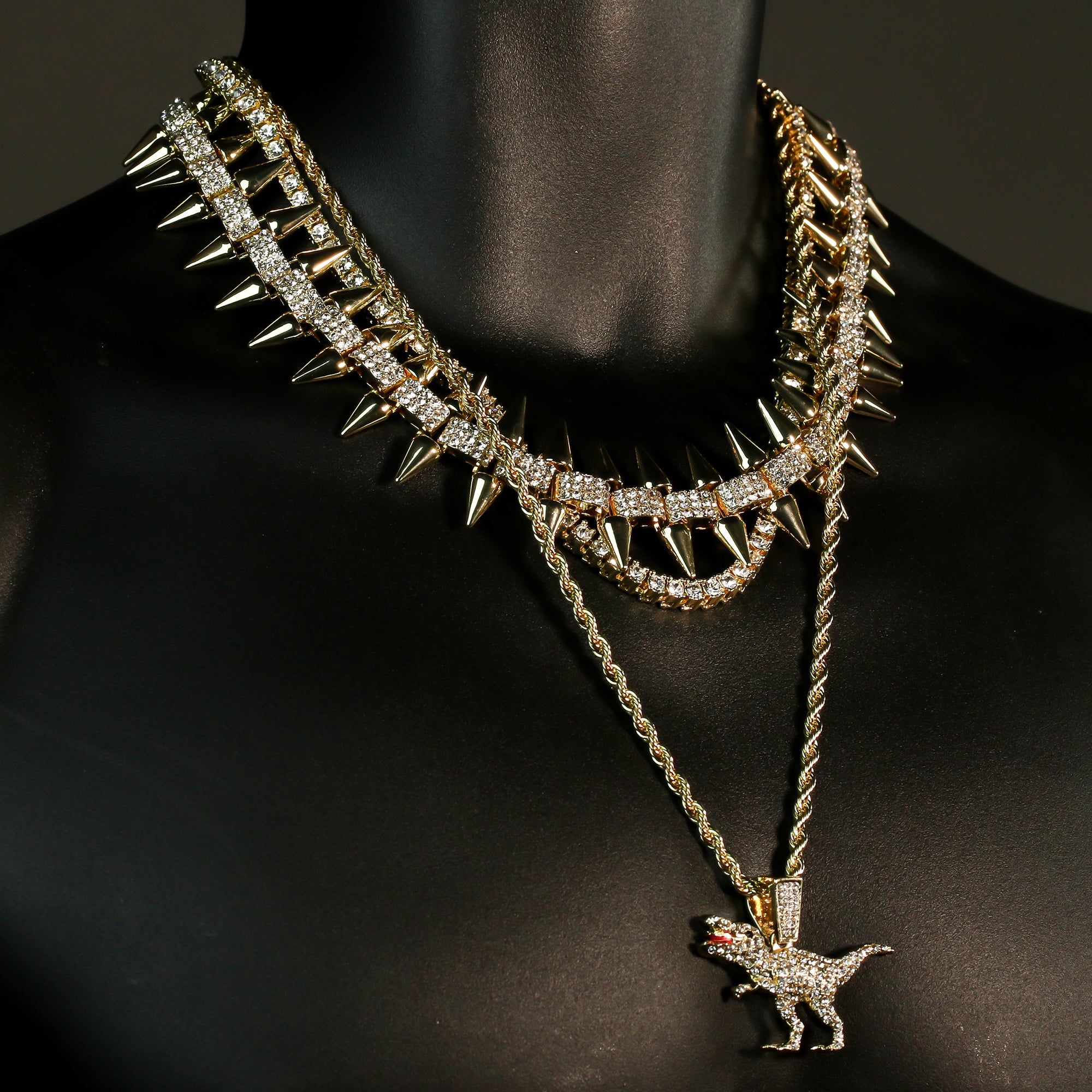 High Fashion Gold Plated AAA Spiky Chain Tennis Chains & Cz Dinosaur Roar T-Rex Pendant