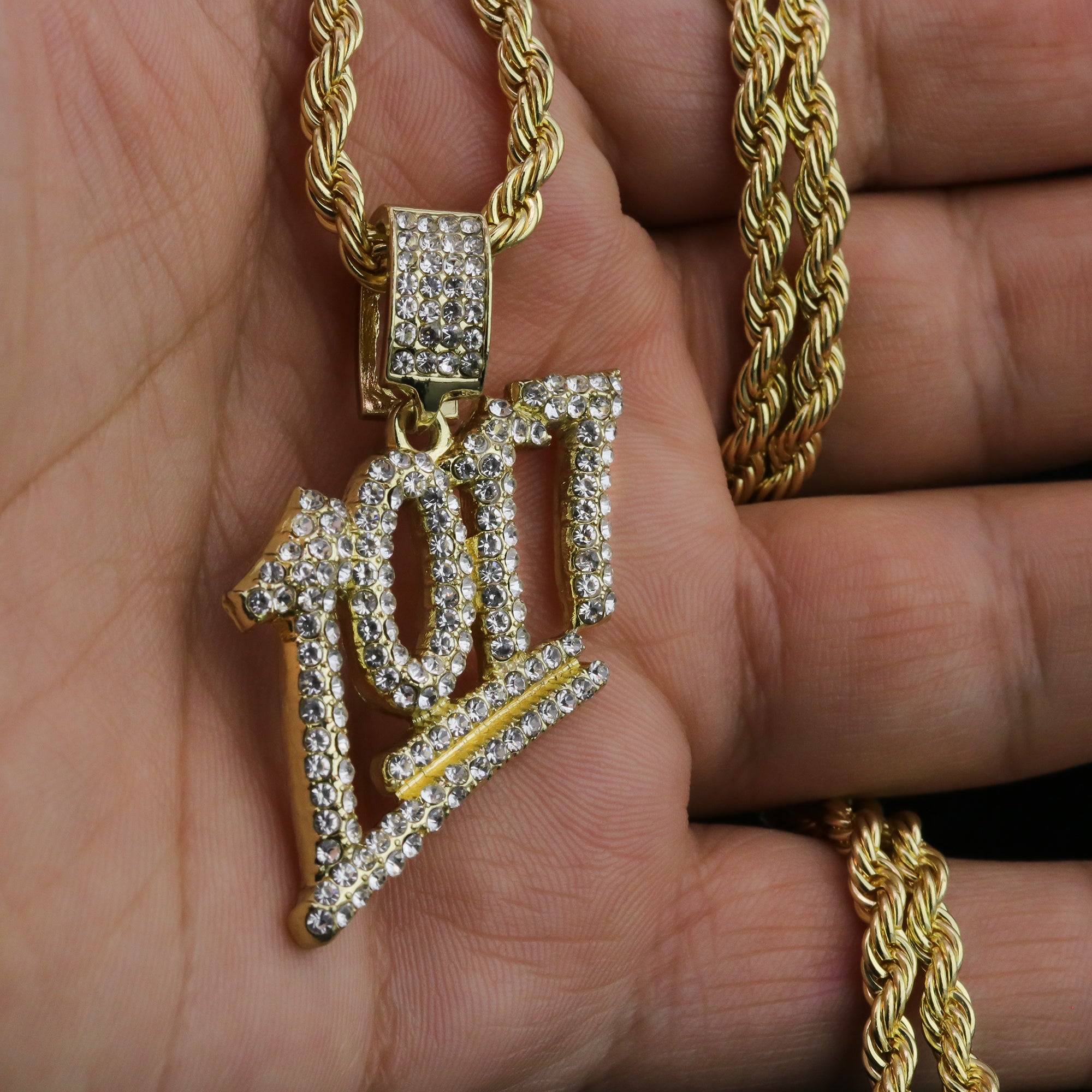 Iced 1017 Numbers Pendant 24"Rope Chain Hip Hop Style 18k Gold Plated