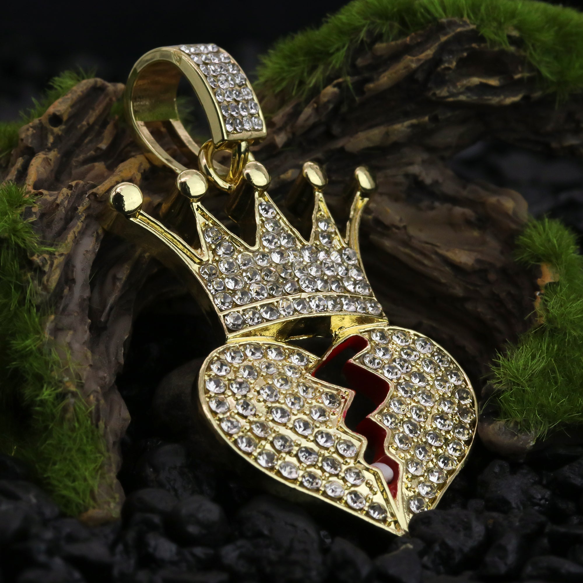 Iced Crown Broken Heart Pendant 24"Rope Chain Hip Hop Style 18k Gold Plated