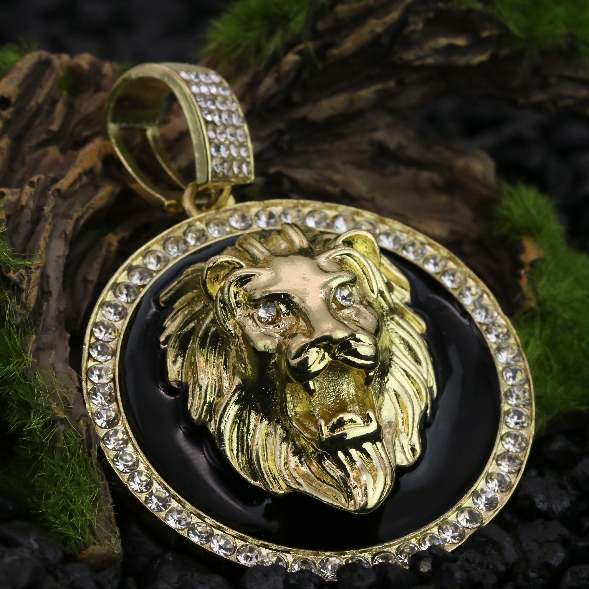 Iced Black Round Lion Face Pendant 24"Rope Chain Hip Hop Style 18k Gold Plated