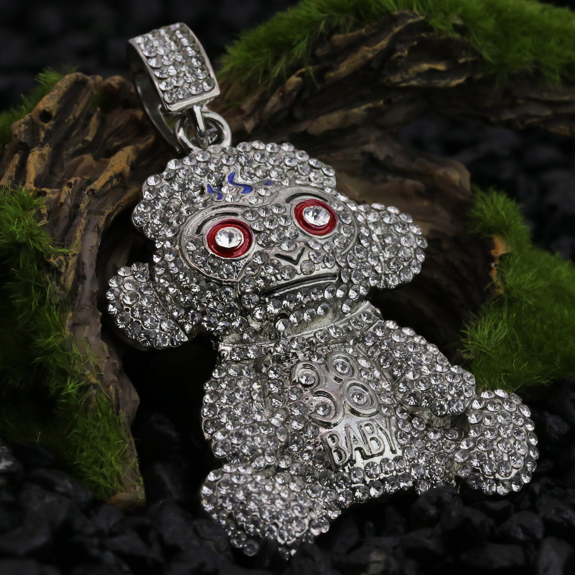 Iced Baby Monkey Pendant 24"Franco Chain Hip Hop Style Silver Plated