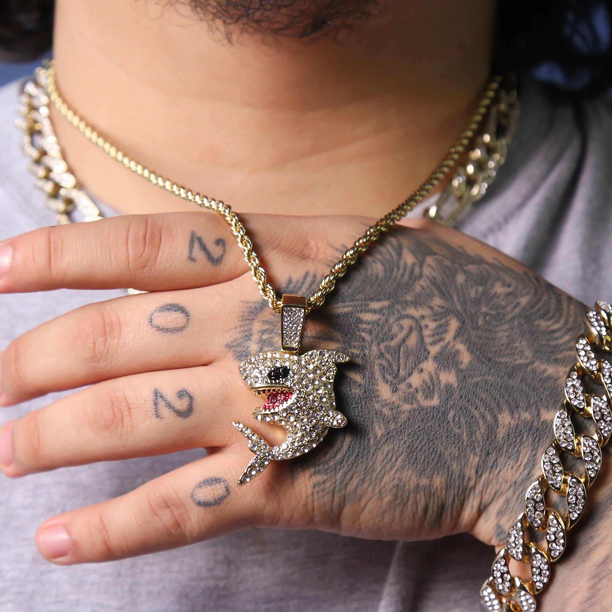 Shark Flooded Pendant Rope Necklace Chain Men's Gold Hip Hop 18k Cz Jewelry
