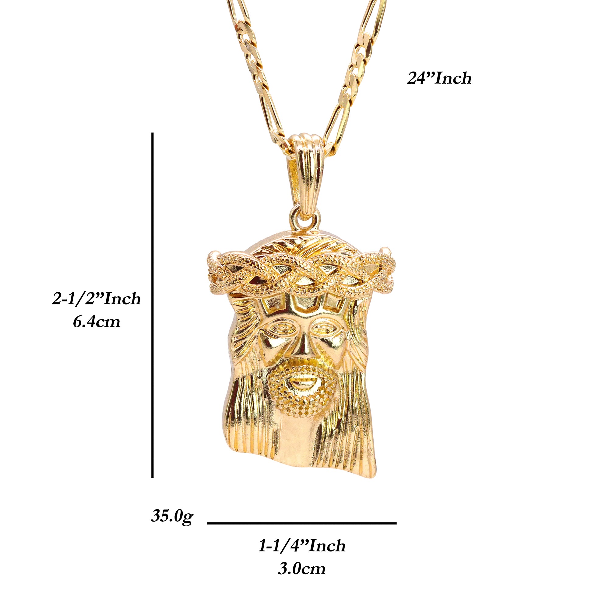 Jesus Crown Plain Pendant 24" Figaro Chain Hip Hop Style 18k Gold Plated