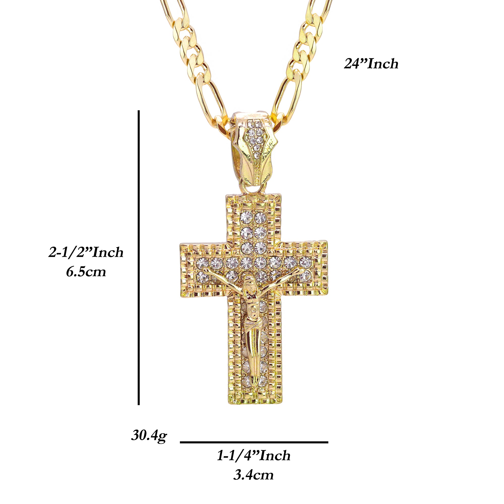 M1 Jesus Cross Iced Pendant 24" Figaro Chain Hip Hop Style 18k Gold Plated