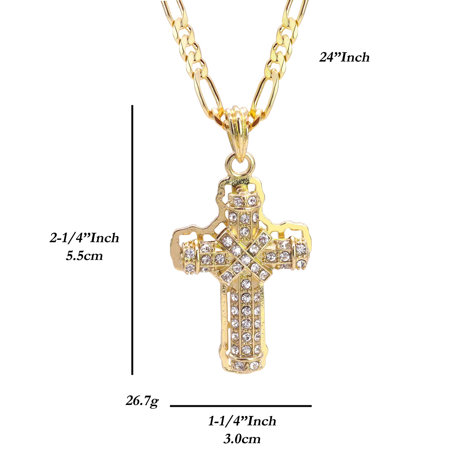 Hollow X Cross Iced Pendant 24" Figaro Chain Hip Hop Style 18k Gold Plated