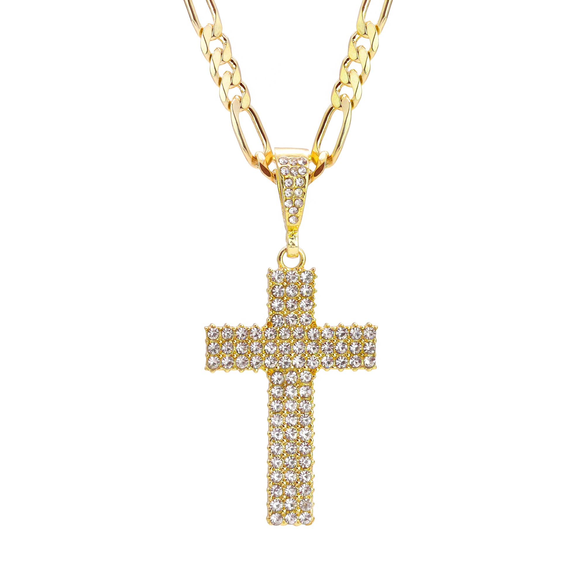 Prong Set Cz 3Row Cross Iced Pendant 24" Figaro Chain Hip Hop Style 18k Gold Plated