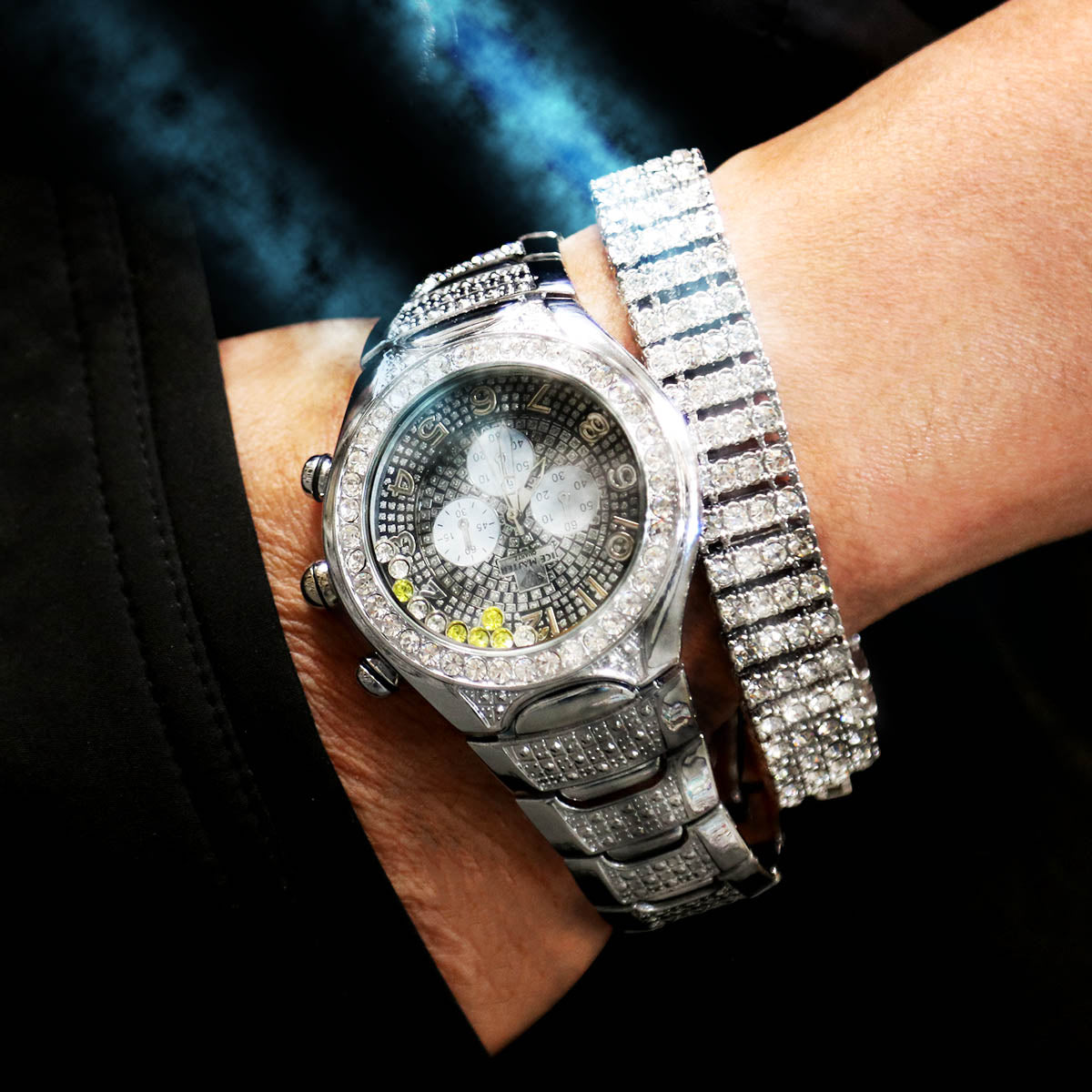 White Gold Ice Out Ice Master Watch & Bracelet SET 9 Black