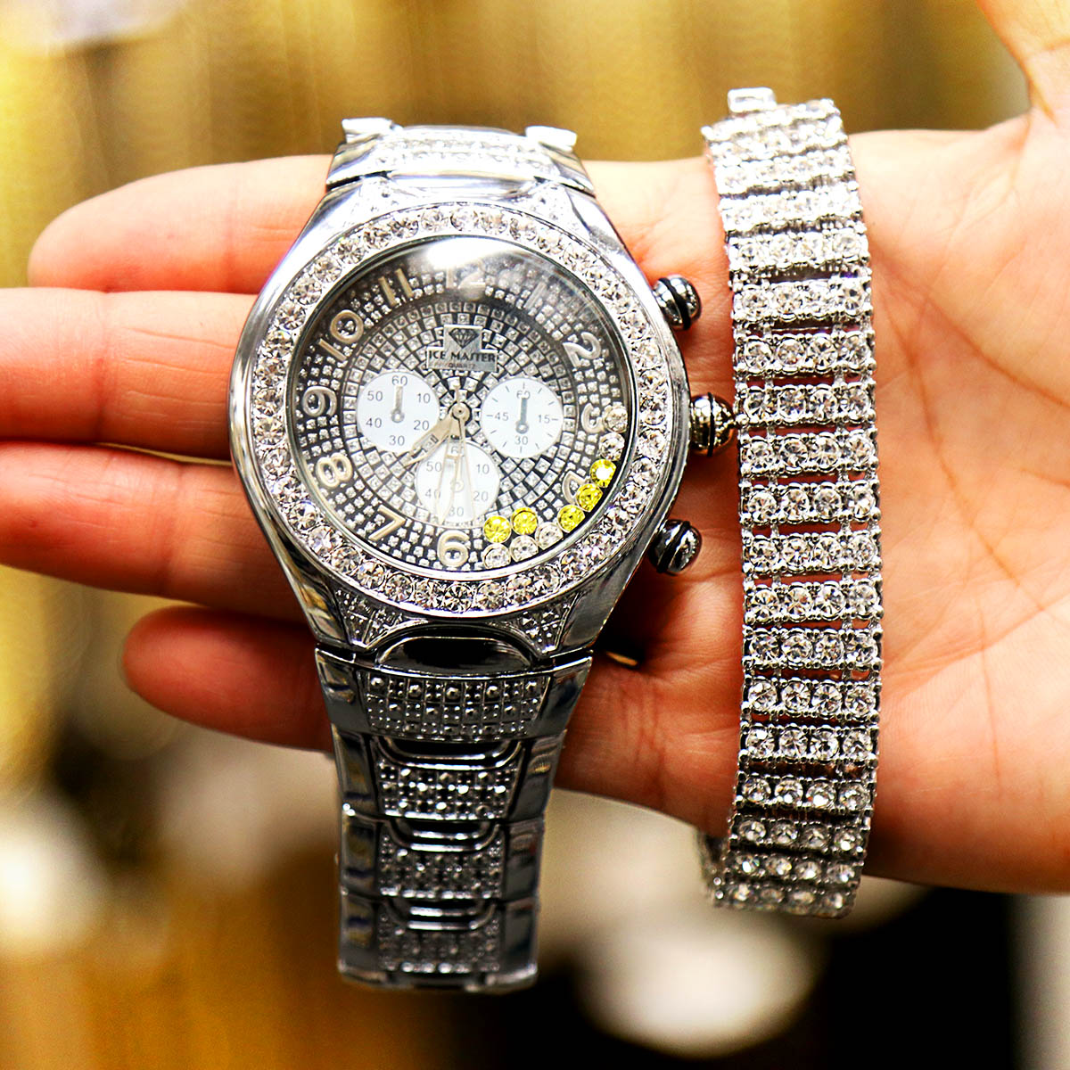 White Gold Ice Out Ice Master Watch & Bracelet SET 9 Black