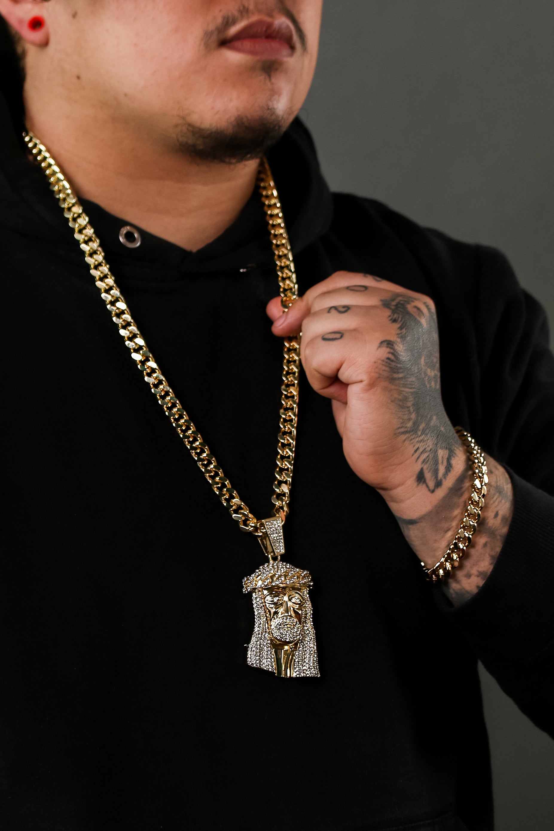 Tear Jesus Face Pendant with 30" Miami Cuban Link Chain & Bracelet – 10mm Gold-Plated Hip Hop Jewelry Set