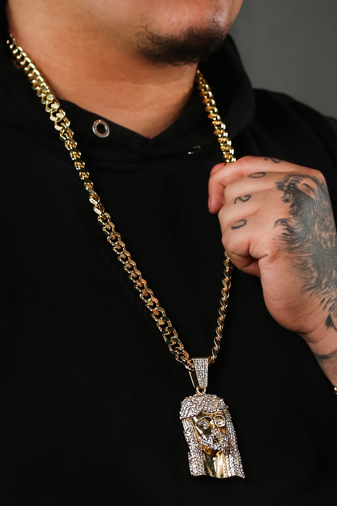 Iced Jesus Peace Face Pendant with 30" Miami Cuban Link Chain – 10mm Gold-Plated Hip Hop Necklace
