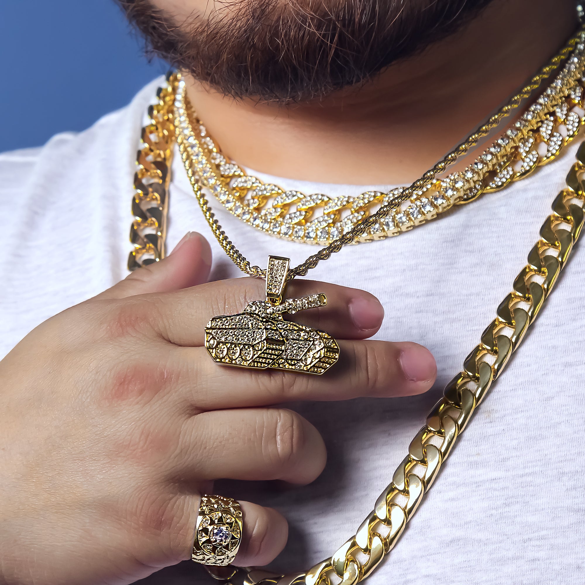 Exquisite Tank Pendant Rope Necklace Chain Men's Hip Hop 18k Cz Jewelry