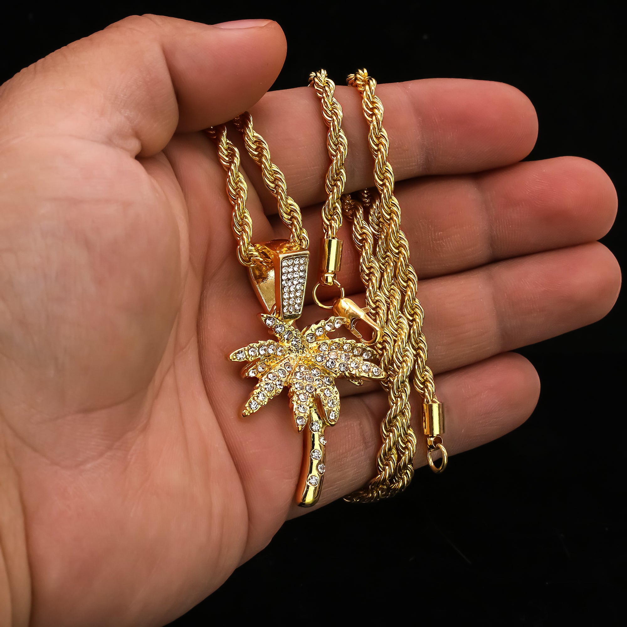 Exquisite Palm Tree Pendant Rope Necklace Chain Men's Hip Hop 18k Cz Jewelry