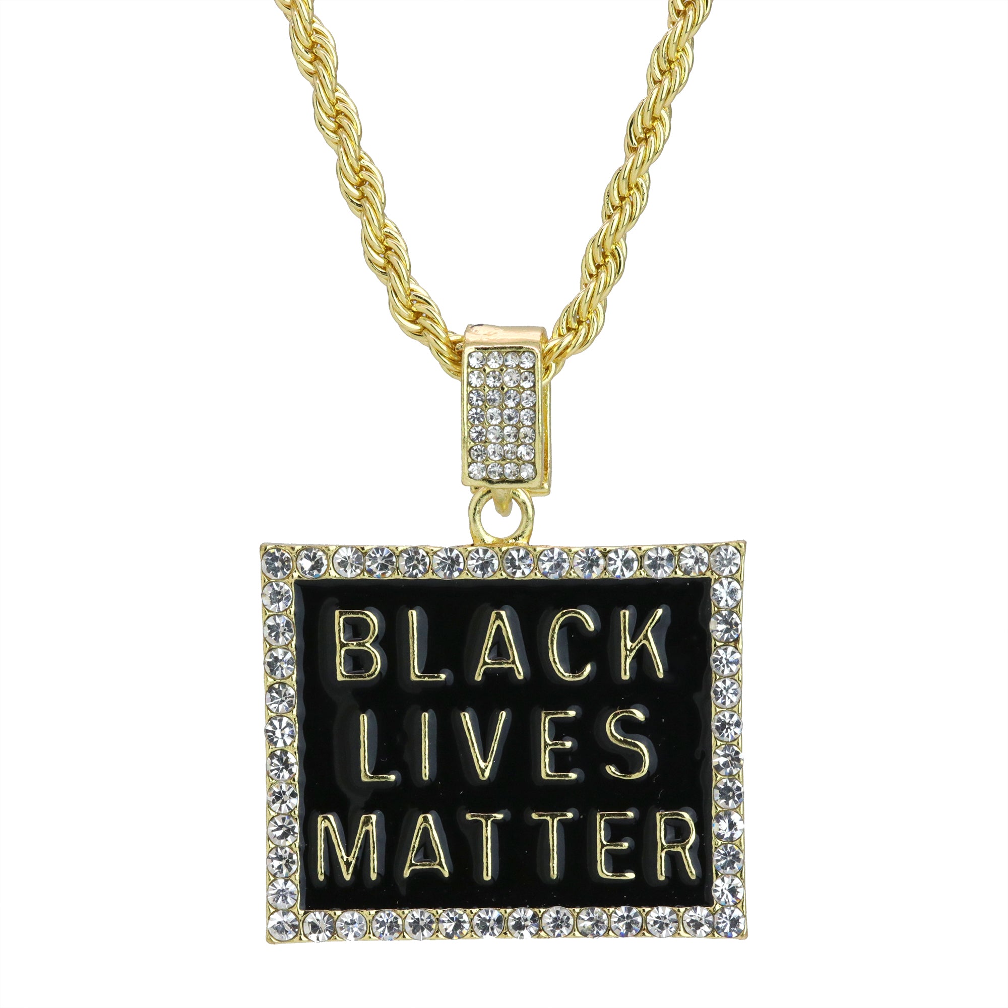 Iced Block Black Lives Matter Pendant 24"Rope Chain Hip Hop Style 18k Gold Plated
