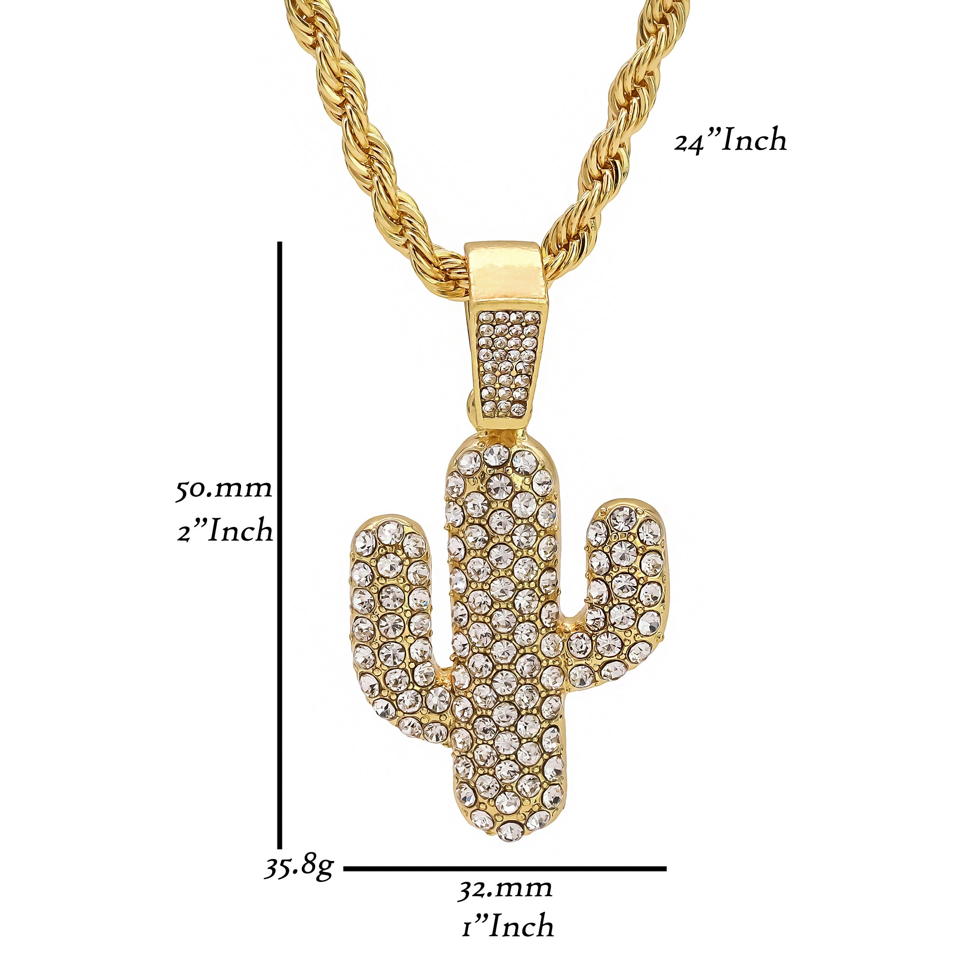 Exquisite Cactus Pendant Rope Necklace Chain Men's Hip Hop 18k Cz Jewelry