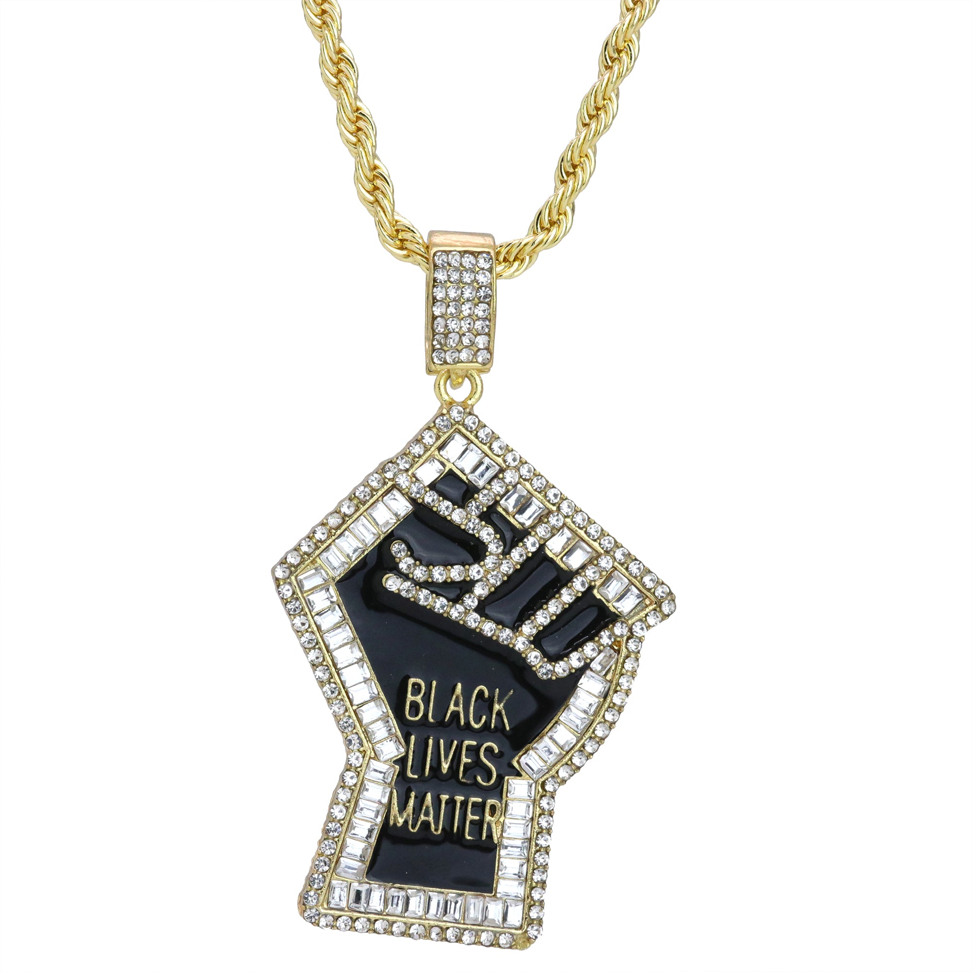 Iced Baguette BLM Fist Pendant 24"Rope Chain Hip Hop Style 18k Gold Plated