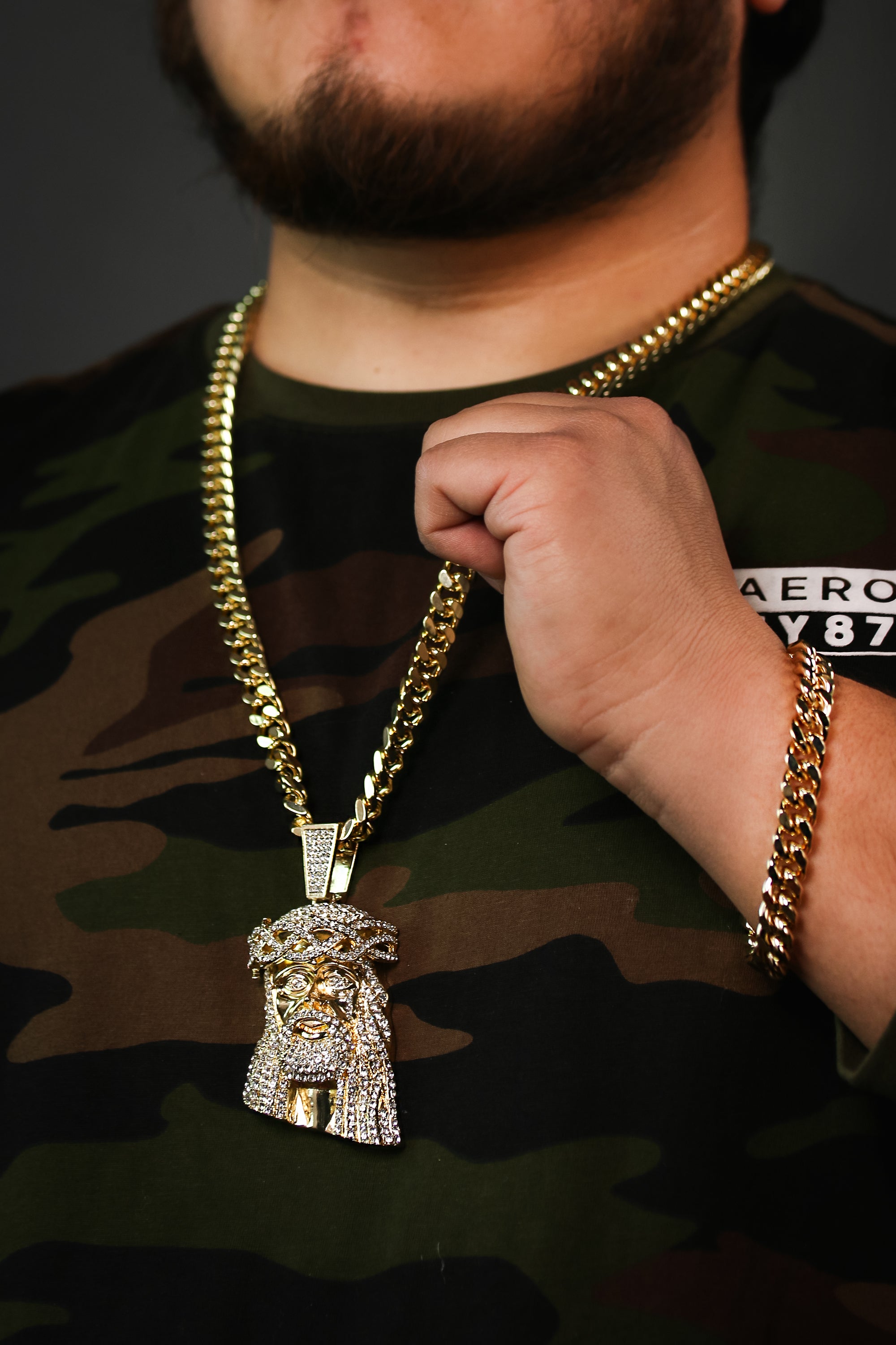 Tear Jesus Face Pendant with 30" Miami Cuban Link Chain & Bracelet – 10mm Gold-Plated Hip Hop Jewelry Set