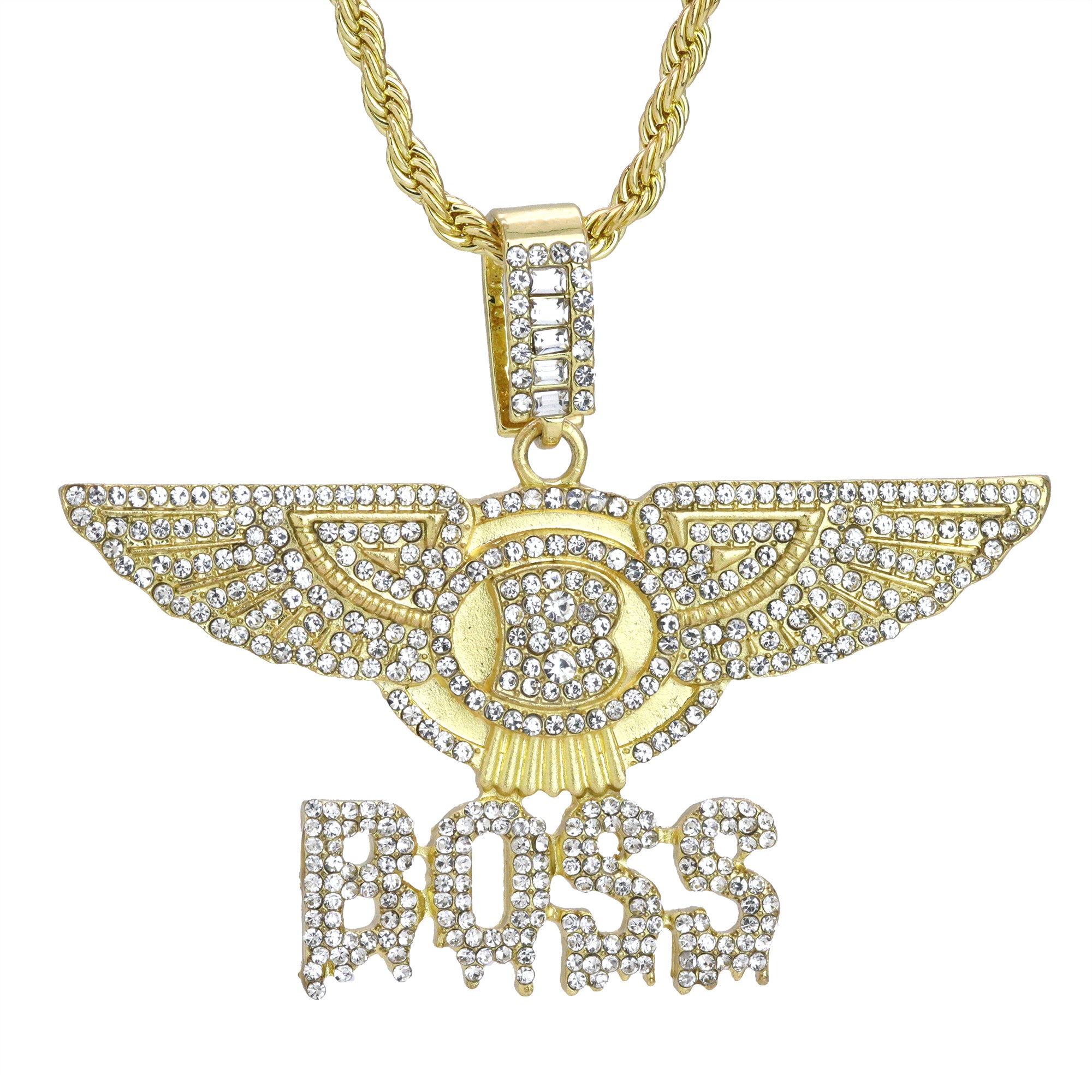 Iced Boss Wing Drip Pendant 24"Rope Chain Hip Hop Style 18k Gold Plated