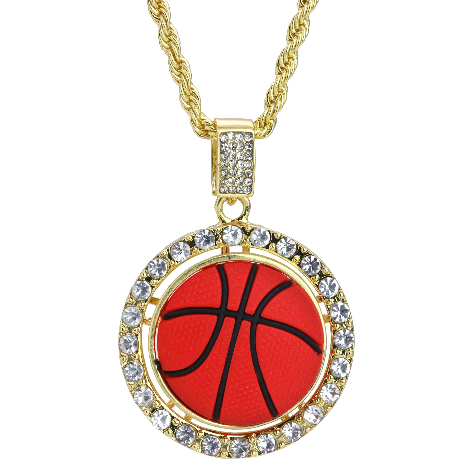 Iced Round Basketball Pendant 24"Rope Chain Hip Hop Style 18k Gold Plated
