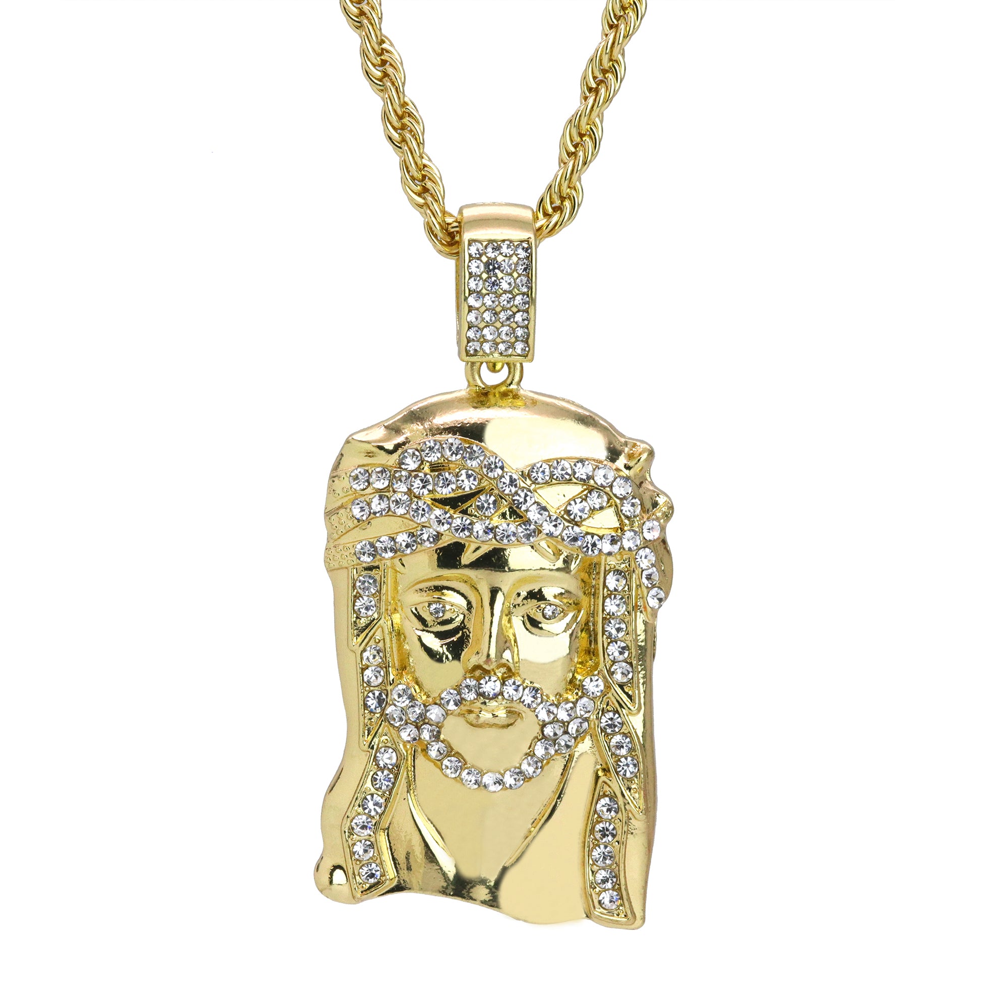 Iced Jesus Face Pendant 24"Rope Chain Hip Hop Style 18k Gold Plated