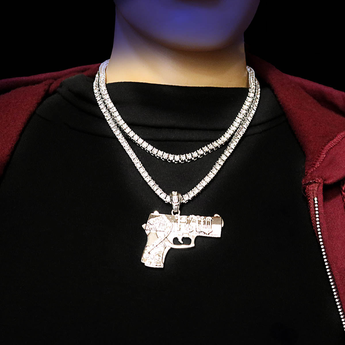 White GOLD TENNIS CHAIN 18" 20" Gun Pendant Bundle