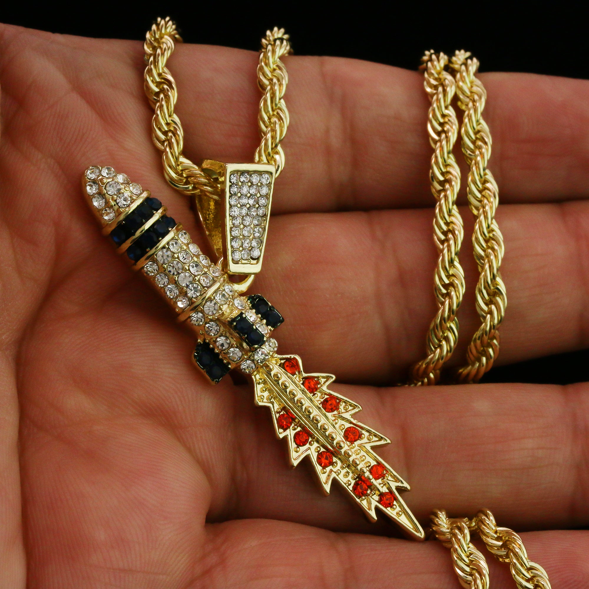 Exquisite Take Off Rocket Pendant Rope Chain Men's Hip Hop 18k Cz Jewelry