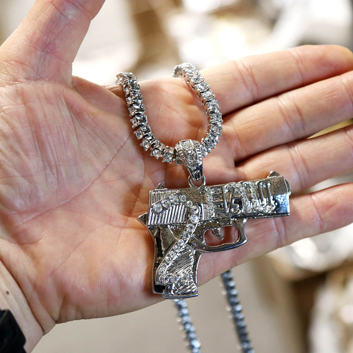 White GOLD TENNIS CHAIN 18" 20" Gun Pendant Bundle