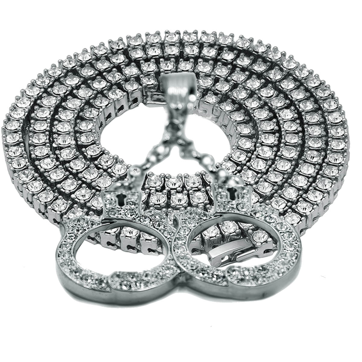 White GOLD TENNIS CHAIN 18" 20" Hand Cuff Pendant Bundle
