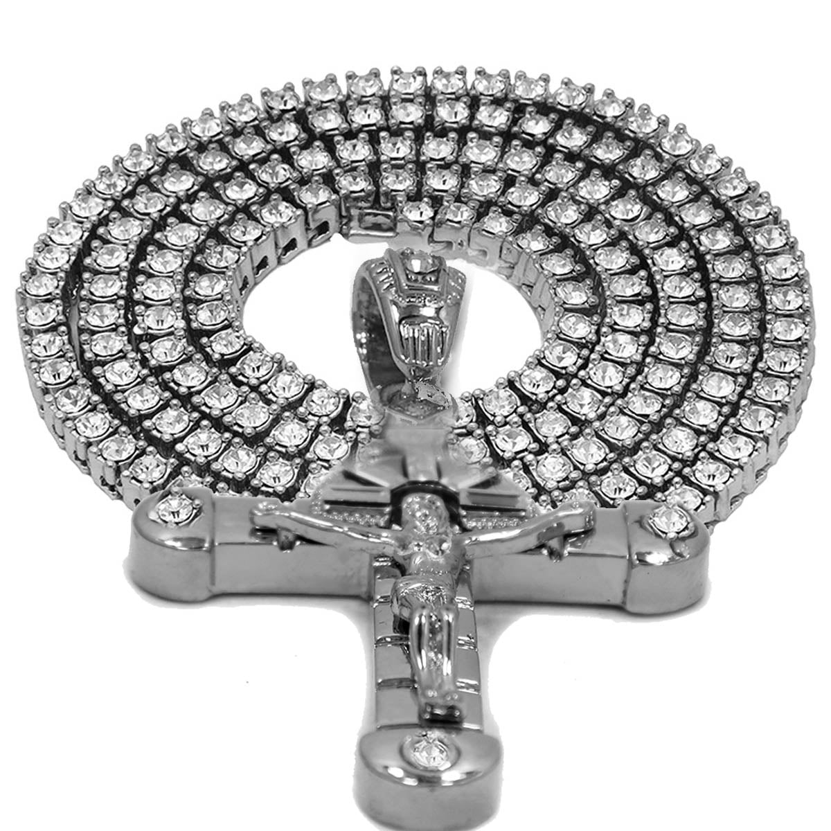White GOLD TENNIS CHAIN 18" 20" Cross Jesus hang Pendant Bundle