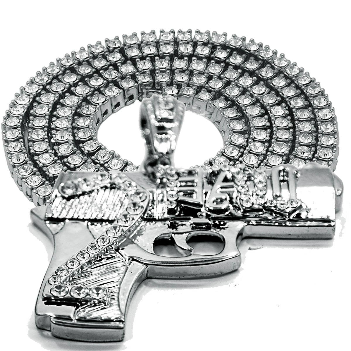 White GOLD TENNIS CHAIN 18" 20" Gun Pendant Bundle