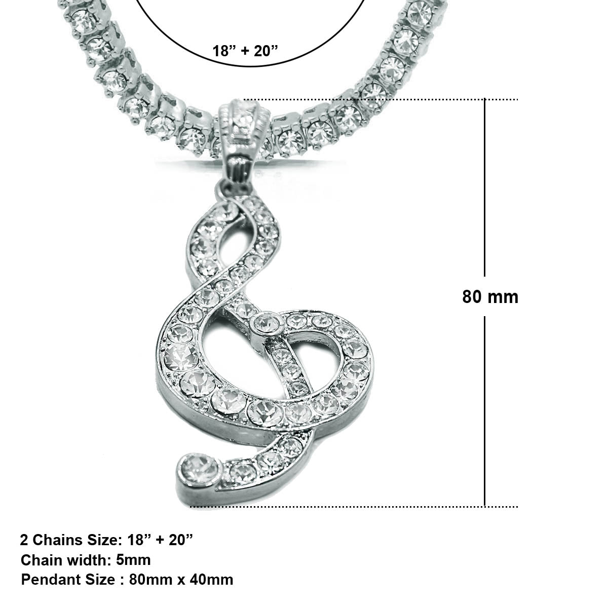 White GOLD TENNIS CHAIN 18" 20" Music Note Pendant Bundle
