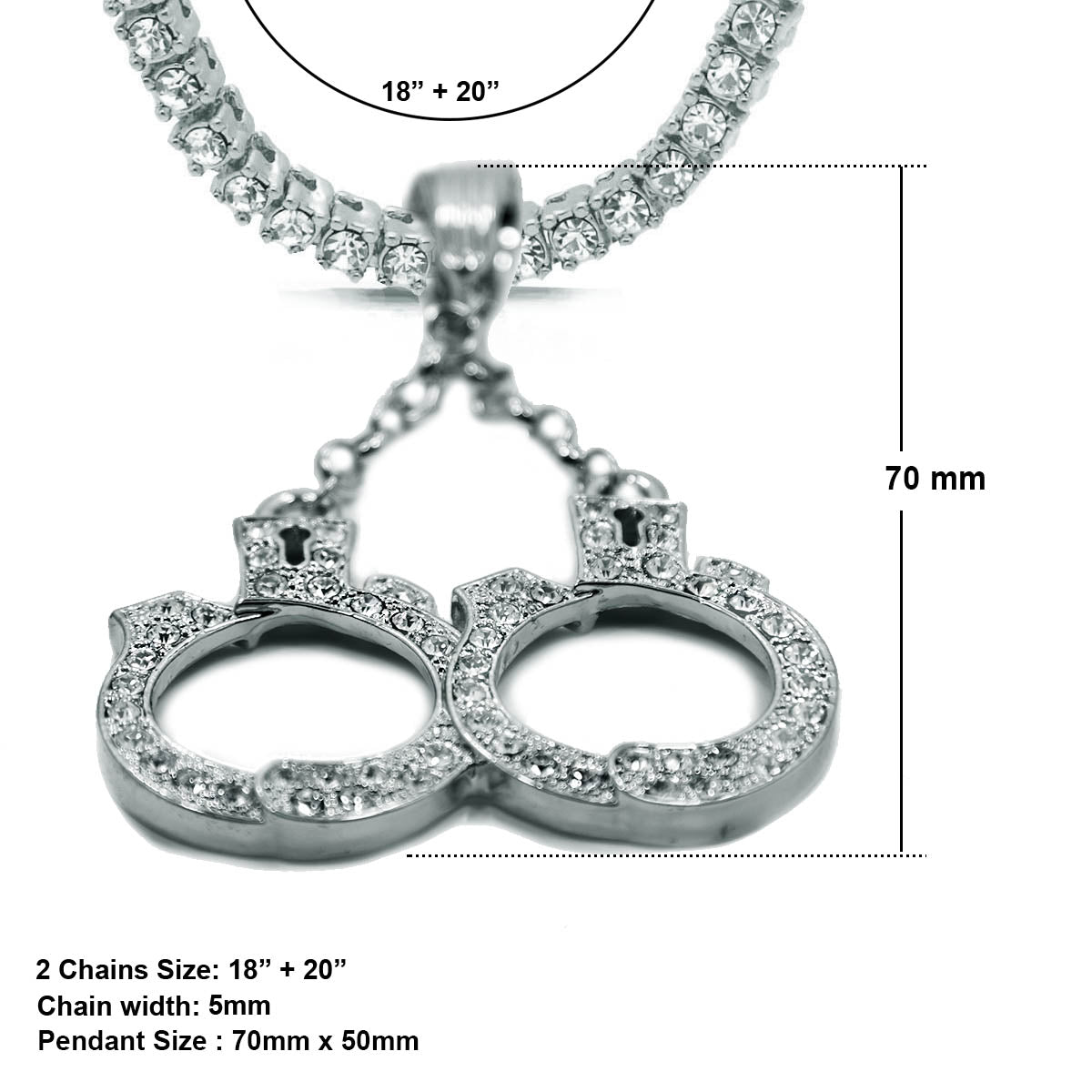 White GOLD TENNIS CHAIN 18" 20" Hand Cuff Pendant Bundle