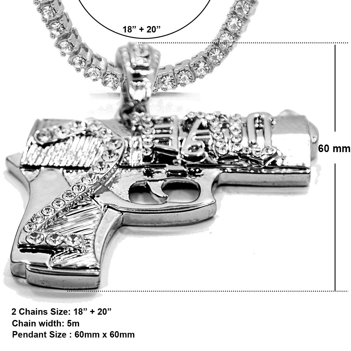 White GOLD TENNIS CHAIN 18" 20" Gun Pendant Bundle