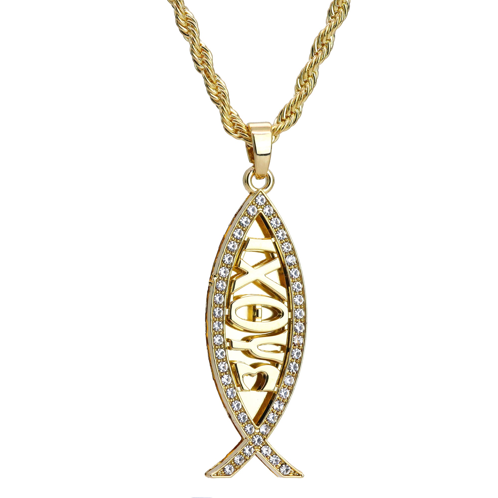 Iced 3D Jesus Fish IXOYE Pendant 24" Rope Chain Hip Hop Style 18k Gold Plated