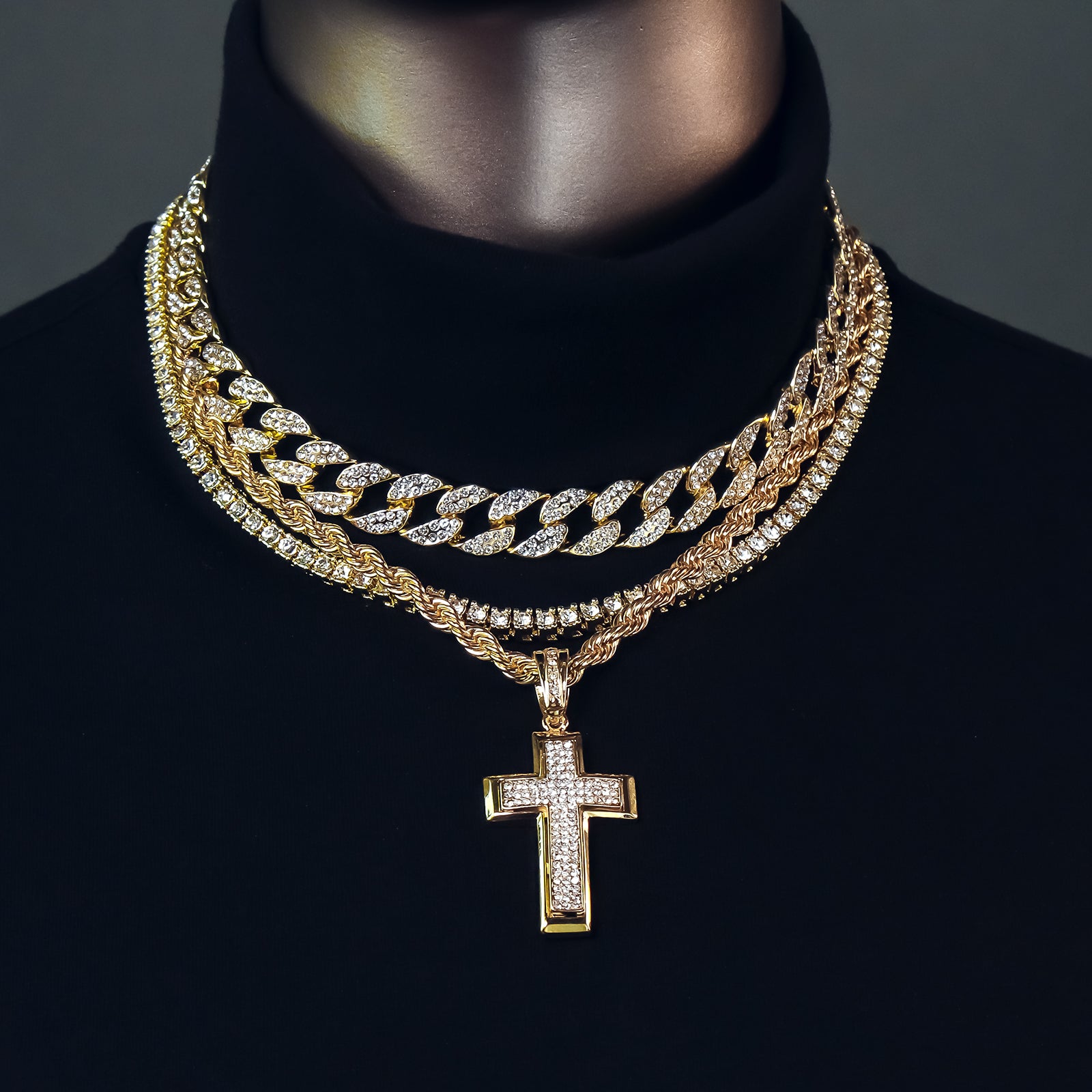 Dome Cross 4 Pcs Set Clear Cz Cuban, Tennis & Rope Chain Bundle Gold PT