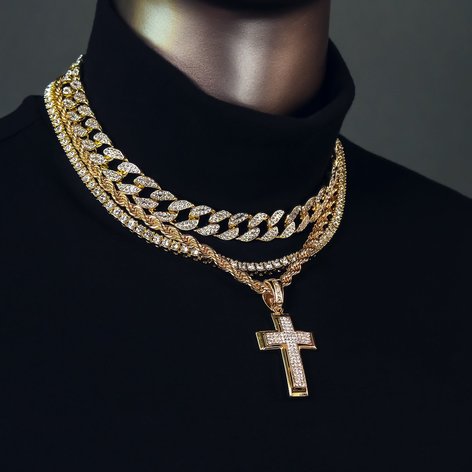 Dome Cross 4 Pcs Set Clear Cz Cuban, Tennis & Rope Chain Bundle Gold PT