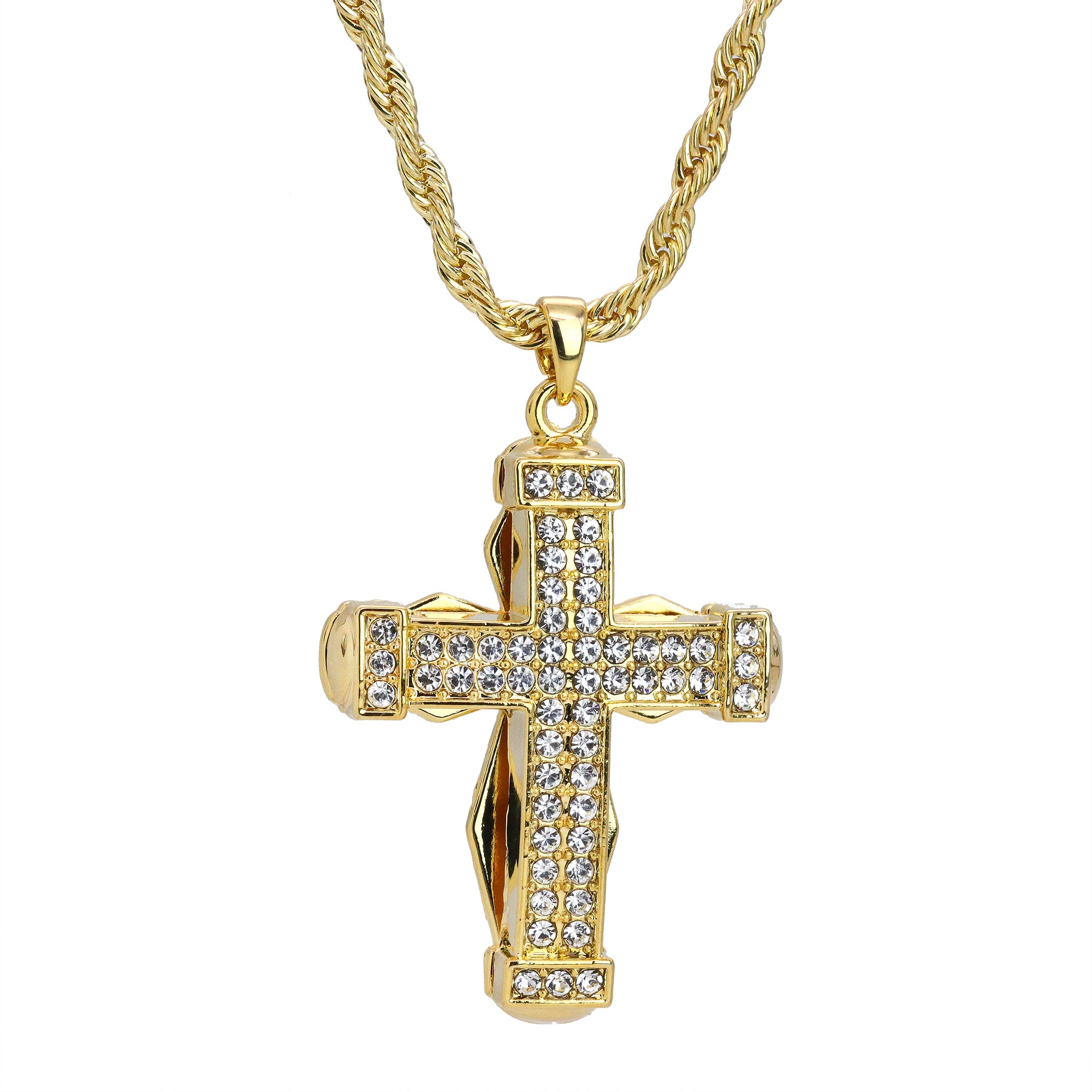 Iced 3D Staple Cross Crucifix Pendant 24" Rope Chain Hip Hop Style 18k Gold PT