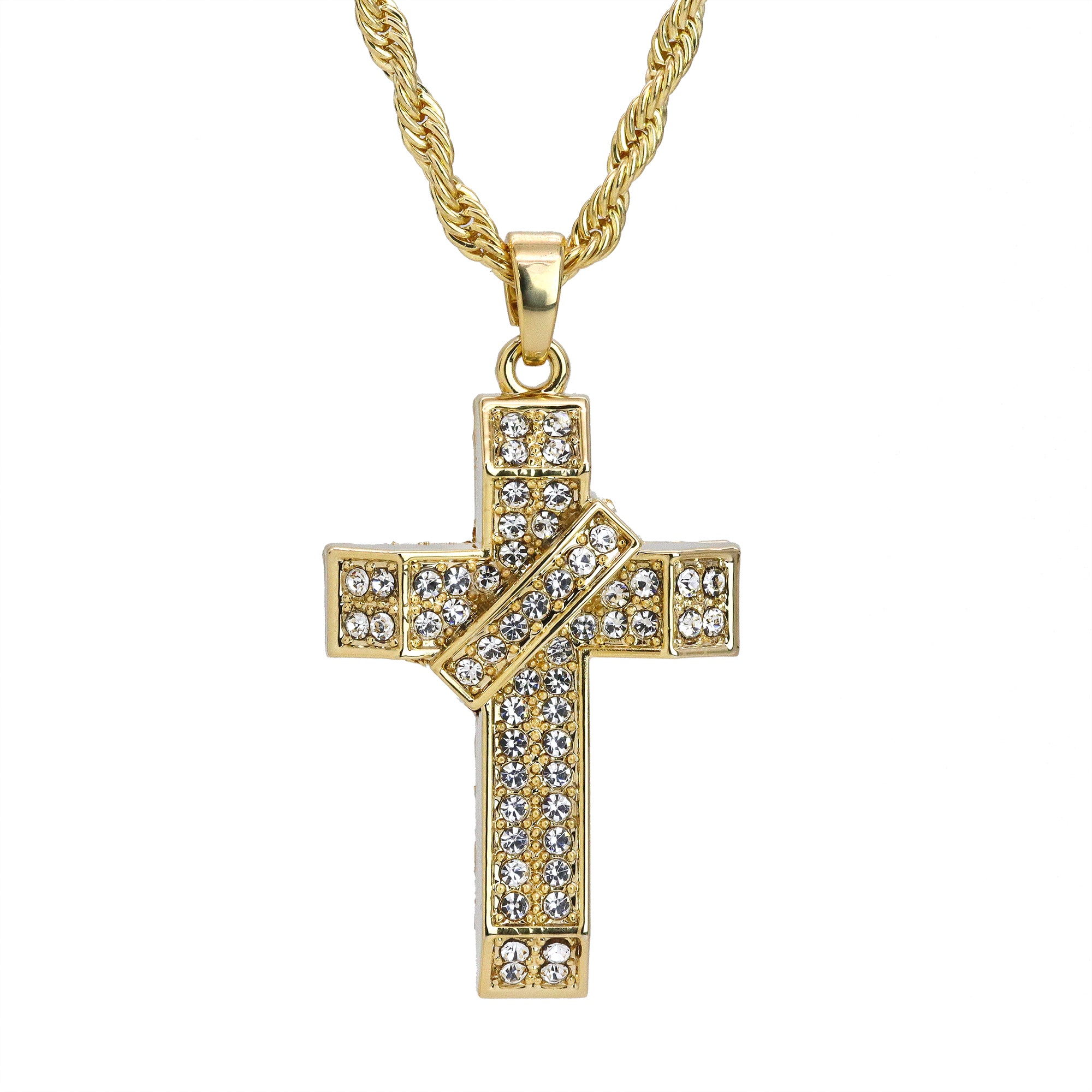 Iced 3D Banner Cross Crucifix Pendant 24" Rope Chain Hip Hop Style 18k Gold PT