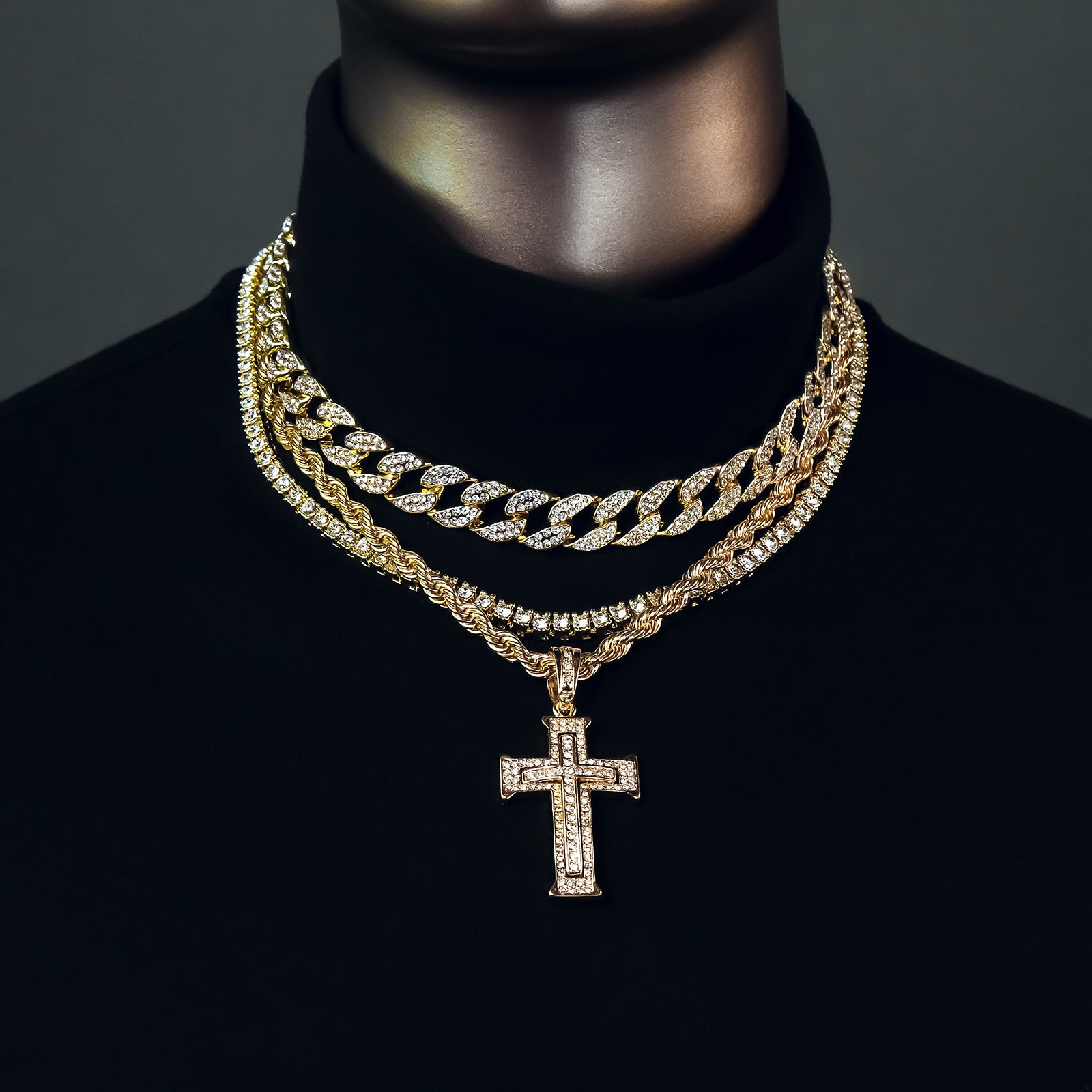 Two Cross 4 Pcs Set Clear Cz Cuban, Tennis & Rope Chain Bundle Gold PT