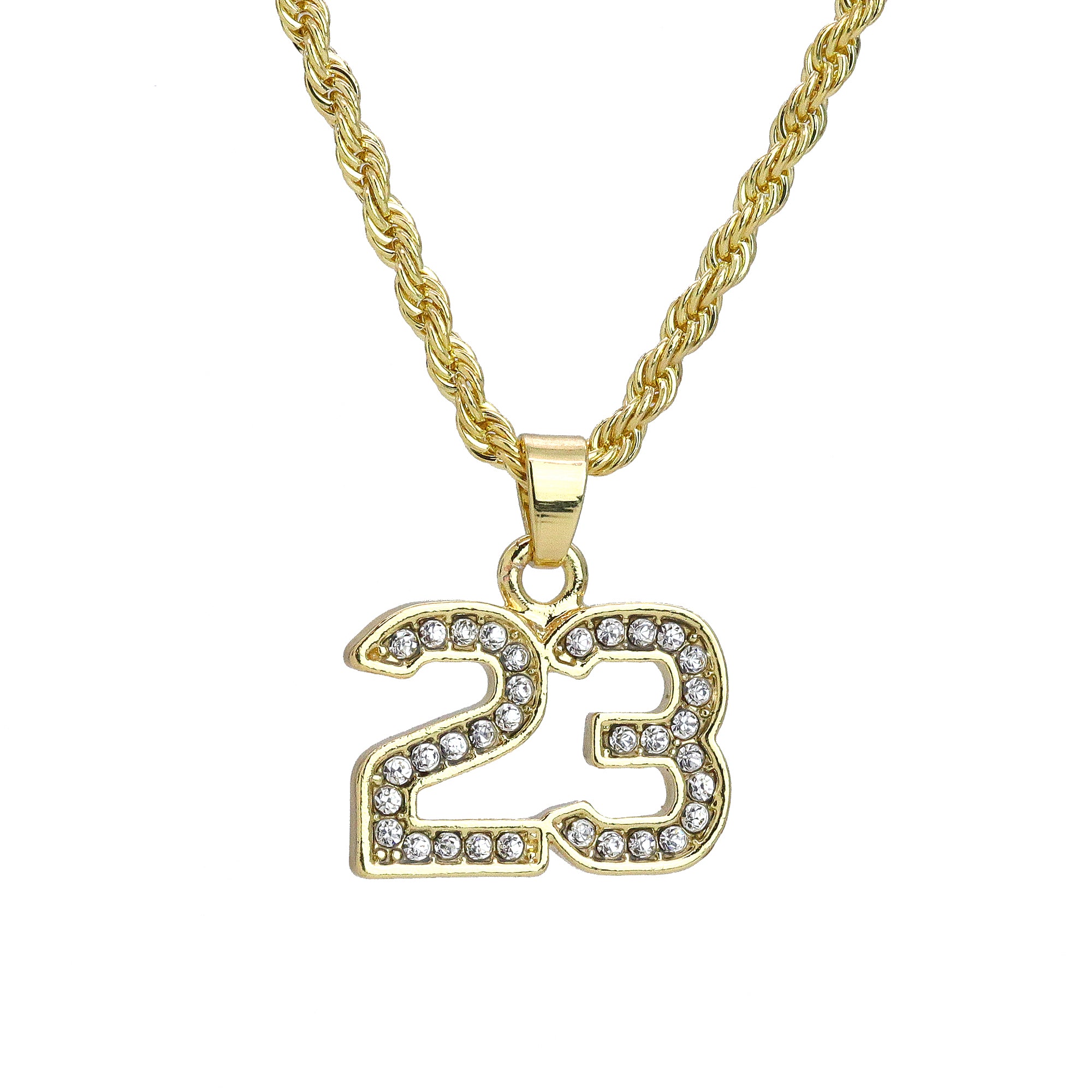 Iced Micro #23 Pendant 24" Rope Chain Hip Hop Style 18k Gold PT Necklace