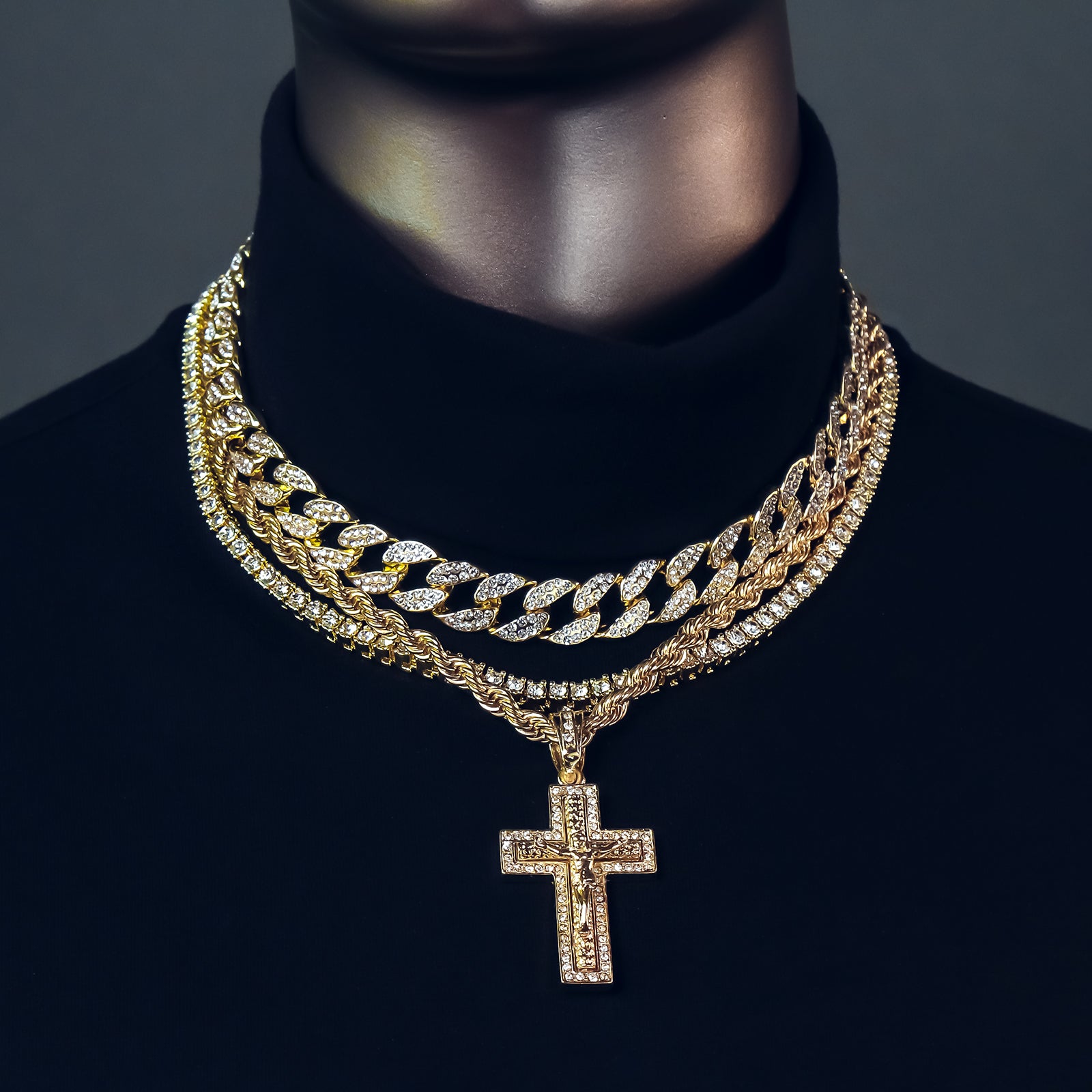 Jesus Cross 4 Pcs Set Clear Cz Cuban, Tennis & Rope Chain Bundle Gold PT
