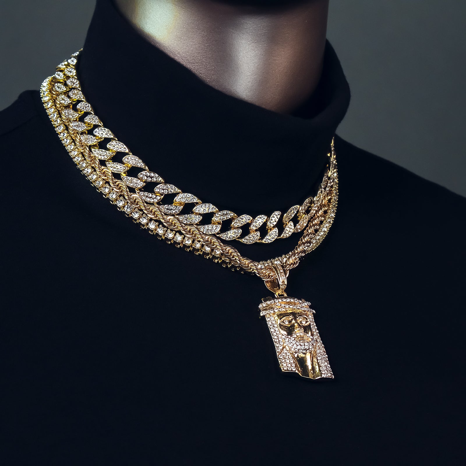 Jesus Piece 4 Pcs Set Clear Cz Cuban, Tennis & Rope Chain Bundle Gold PT