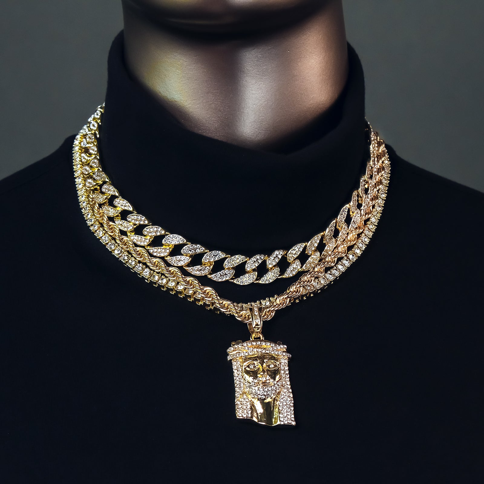 Jesus Piece 4 Pcs Set Clear Cz Cuban, Tennis & Rope Chain Bundle Gold PT