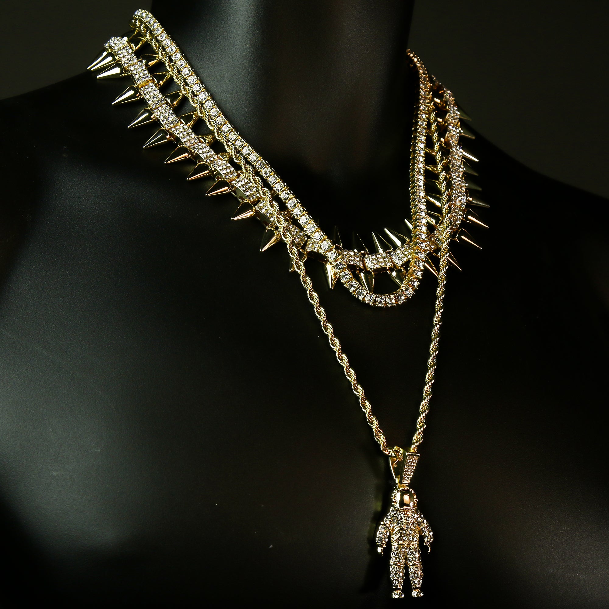 High Fashion Gold Plated AAA Spiky Tennis Chains & Cz Space Man Astronaut Pendant