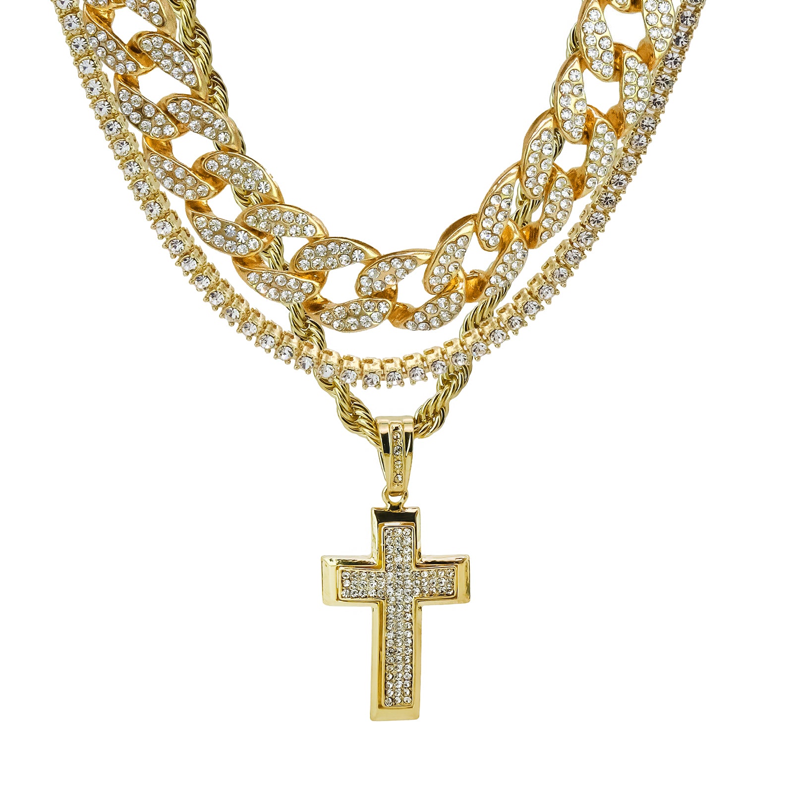 Dome Cross 4 Pcs Set Clear Cz Cuban, Tennis & Rope Chain Bundle Gold PT