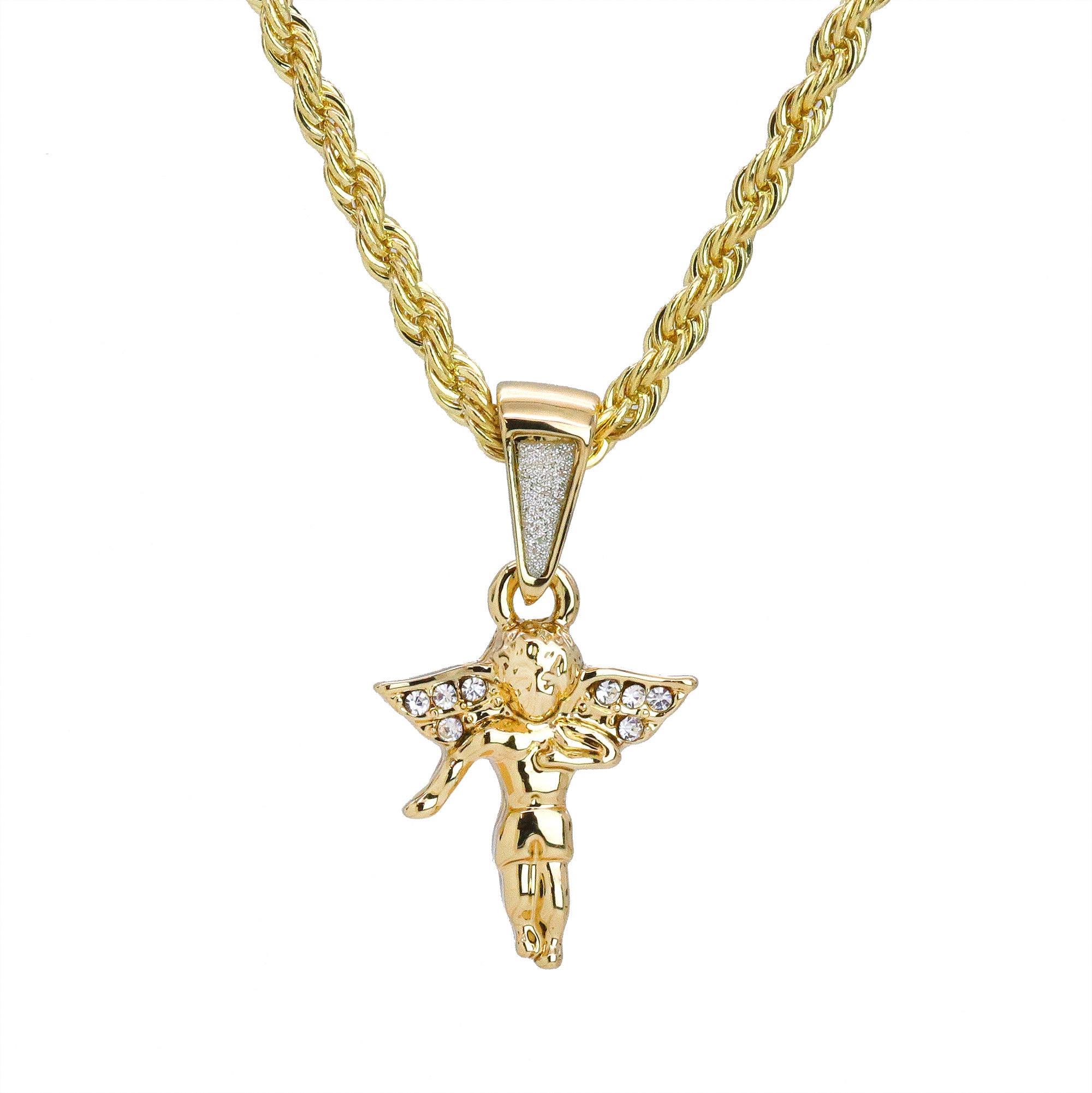 Iced Micro Mini Dancing Angel Pendant 24" Rope Chain Hip Hop Style 18k Gold PT