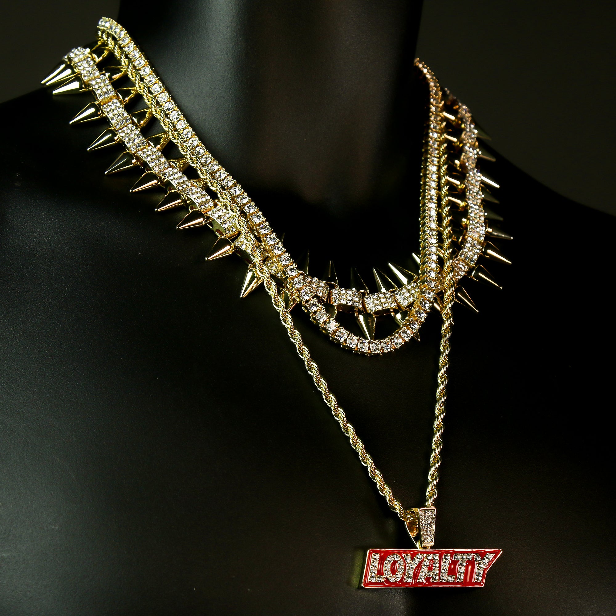 High Fashion Gold Plated AAA Spiky Tennis Chains & Cz Loyalty Block Pendant