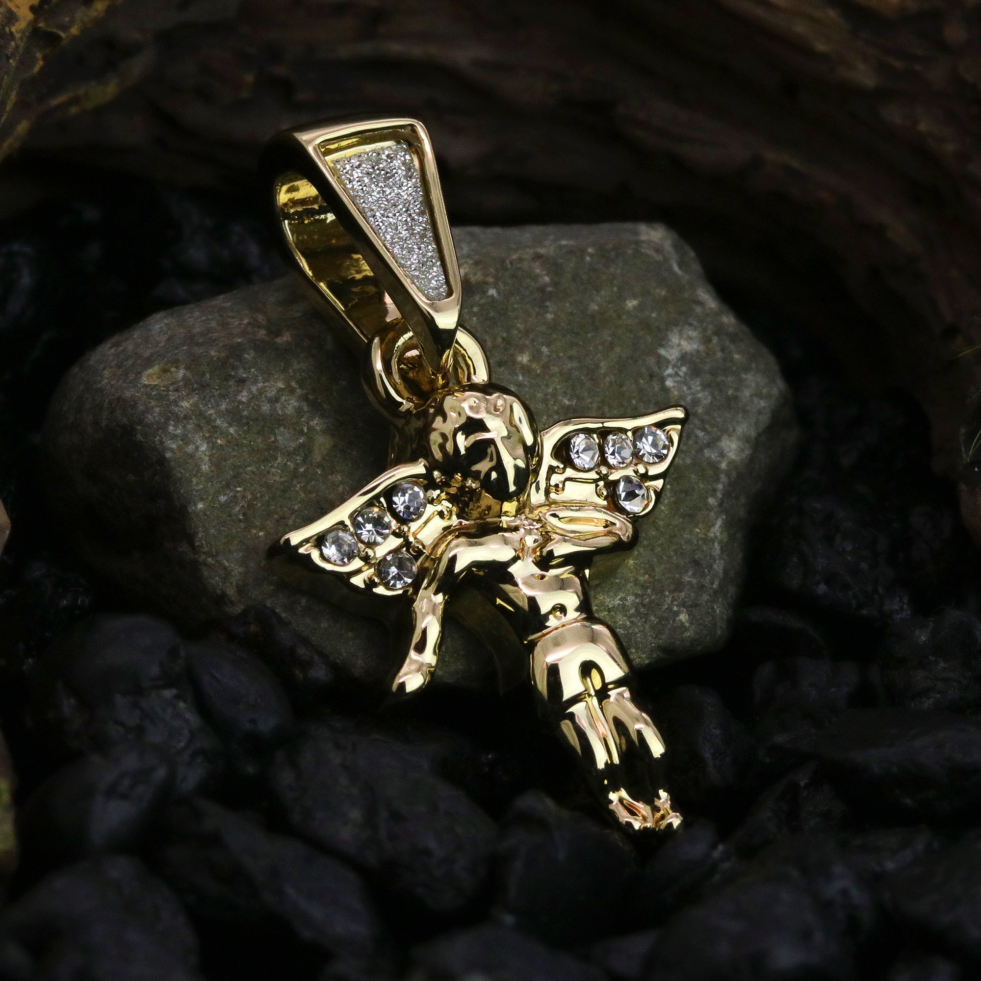 Iced Micro Mini Dancing Angel Pendant 24" Rope Chain Hip Hop Style 18k Gold PT