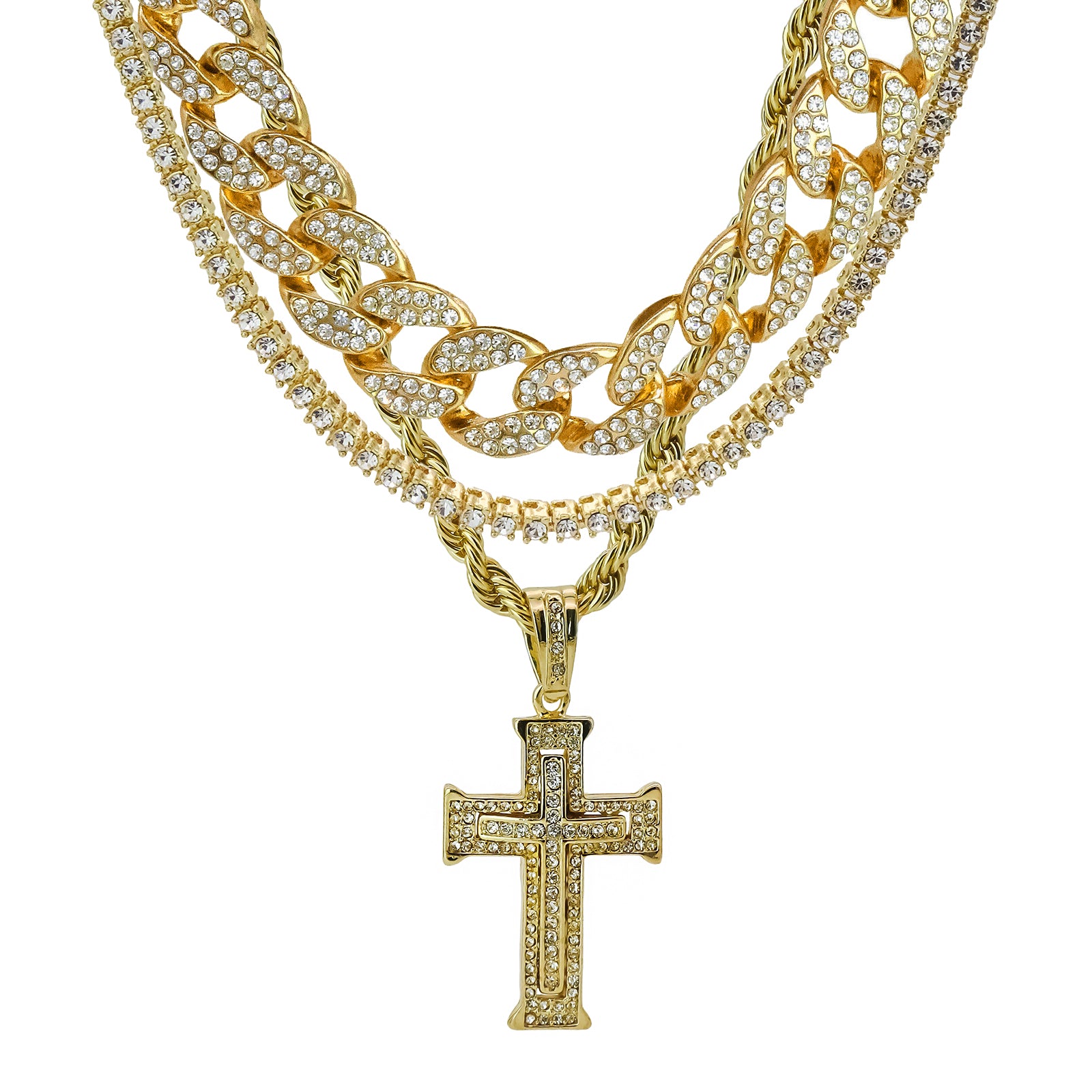 Two Cross 4 Pcs Set Clear Cz Cuban, Tennis & Rope Chain Bundle Gold PT