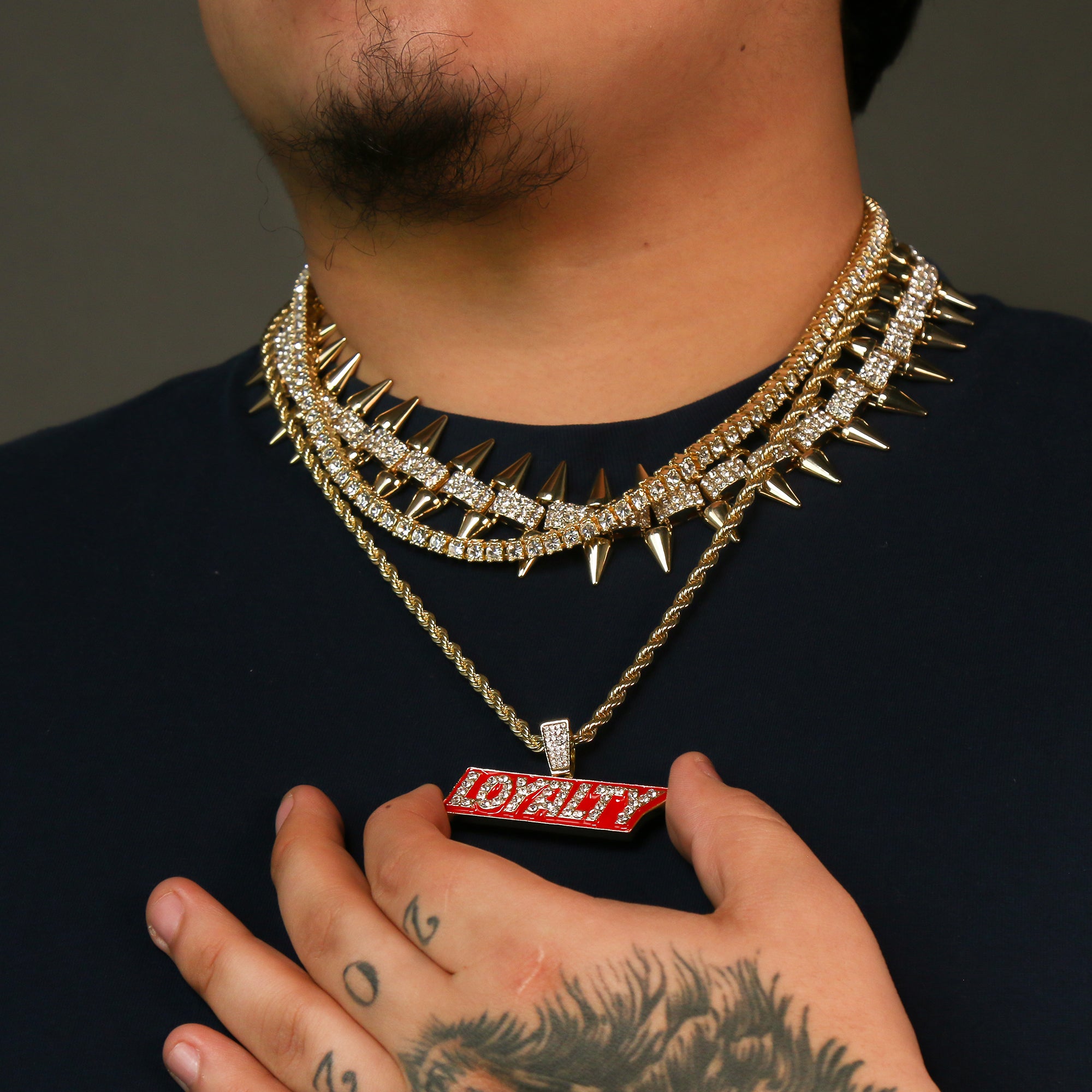 High Fashion Gold Plated AAA Spiky Tennis Chains & Cz Loyalty Block Pendant