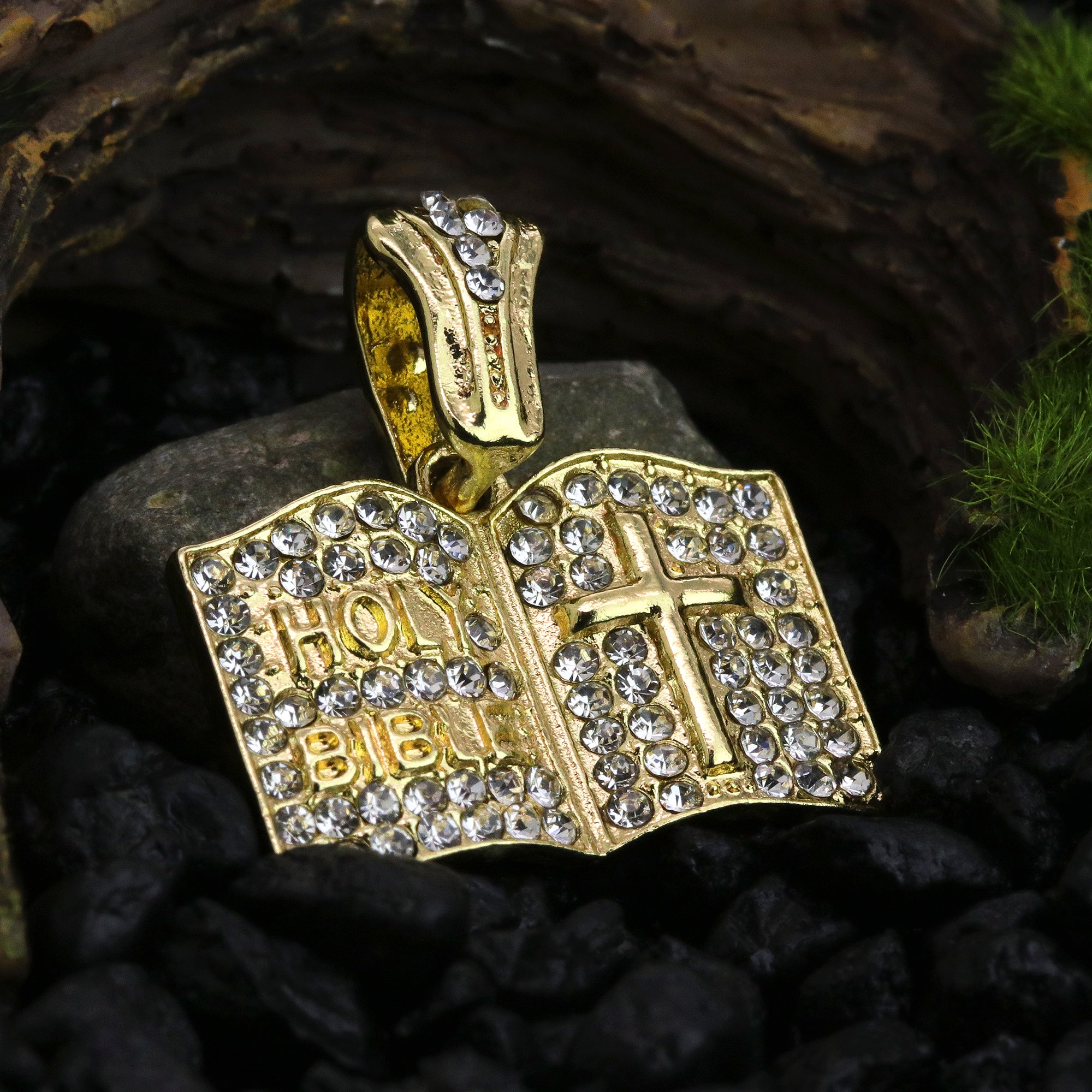 Iced Micro Holy Bible Pendant 24" Rope Chain Hip Hop Style 18k Gold PT